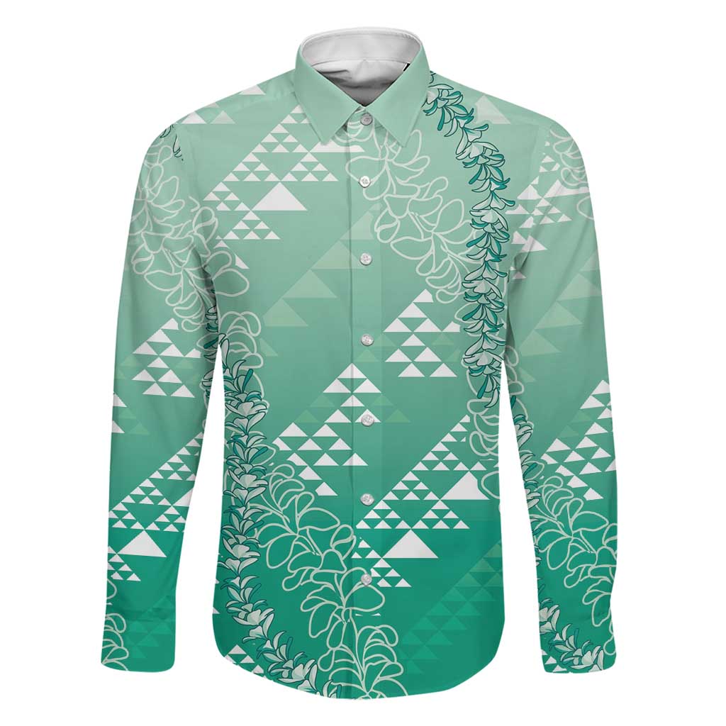 Hawaii Jade Green Kapa Family Matching Long Sleeve Bodycon Dress and Hawaiian Shirt Vintage 'Ohe Kāpala Motifs Mix Plumeria Leis LT7 Dad's Shirt - Long Sleeve Jade Green - Polynesian Pride