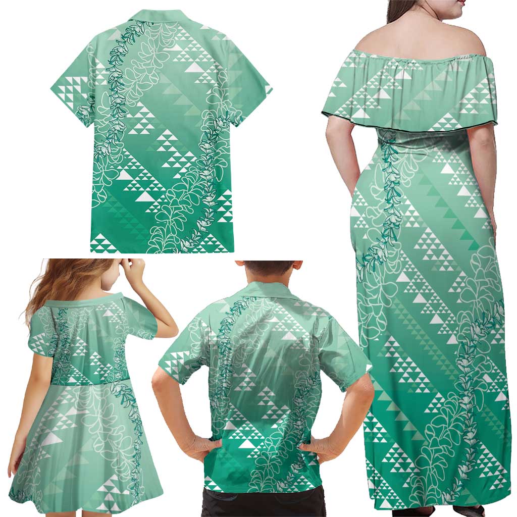 Hawaii Jade Green Kapa Family Matching Off Shoulder Maxi Dress and Hawaiian Shirt Vintage 'Ohe Kāpala Motifs Mix Plumeria Leis LT7 - Polynesian Pride