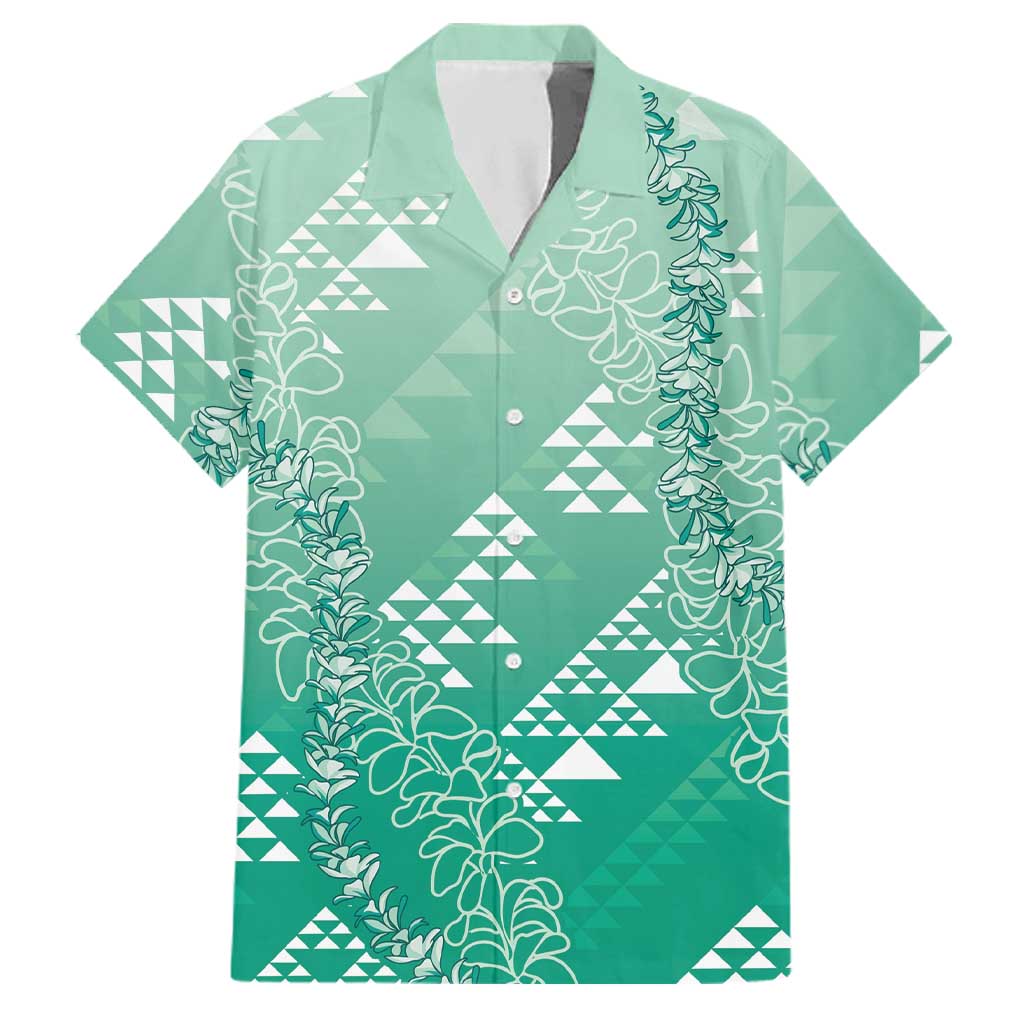 Hawaii Jade Green Kapa Family Matching Off Shoulder Maxi Dress and Hawaiian Shirt Vintage 'Ohe Kāpala Motifs Mix Plumeria Leis LT7 Dad's Shirt - Short Sleeve Jade Green - Polynesian Pride
