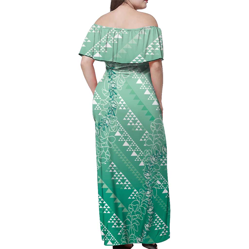 Hawaii Jade Green Kapa Family Matching Off Shoulder Maxi Dress and Hawaiian Shirt Vintage 'Ohe Kāpala Motifs Mix Plumeria Leis LT7 - Polynesian Pride