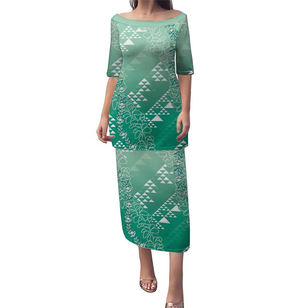 Hawaii Jade Green Kapa Family Matching Puletasi and Hawaiian Shirt Vintage 'Ohe Kāpala Motifs Mix Plumeria Leis LT7 Mom's Dress Jade Green - Polynesian Pride