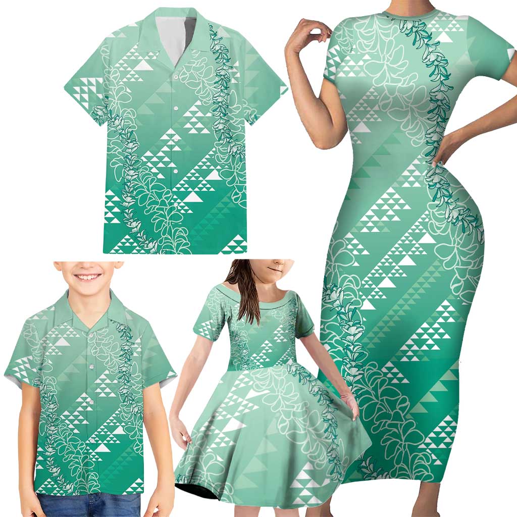 Hawaii Jade Green Kapa Family Matching Short Sleeve Bodycon Dress and Hawaiian Shirt Vintage 'Ohe Kāpala Motifs Mix Plumeria Leis LT7 - Polynesian Pride