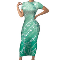 Hawaii Jade Green Kapa Family Matching Short Sleeve Bodycon Dress and Hawaiian Shirt Vintage 'Ohe Kāpala Motifs Mix Plumeria Leis LT7 Mom's Dress Jade Green - Polynesian Pride