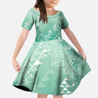 Hawaii Jade Green Kapa Family Matching Summer Maxi Dress and Hawaiian Shirt Vintage 'Ohe Kāpala Motifs Mix Plumeria Leis LT7 Daughter's Dress Jade Green - Polynesian Pride