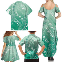 Hawaii Jade Green Kapa Family Matching Summer Maxi Dress and Hawaiian Shirt Vintage 'Ohe Kāpala Motifs Mix Plumeria Leis LT7 - Polynesian Pride