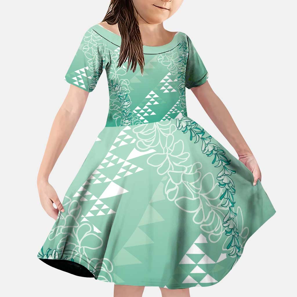 Hawaii Jade Green Kapa Family Matching Tank Maxi Dress and Hawaiian Shirt Vintage 'Ohe Kāpala Motifs Mix Plumeria Leis LT7 Daughter's Dress Jade Green - Polynesian Pride