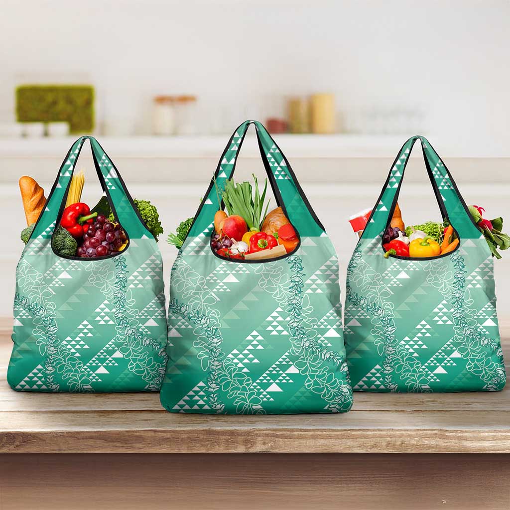 Hawaii Jade Green Kapa Grocery Bag Vintage 'Ohe Kāpala Motifs Mix Plumeria Leis LT7 3-pack One Size Jade Green - Polynesian Pride