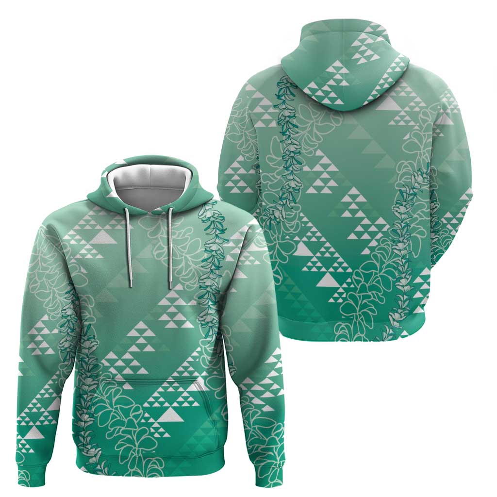 Hawaii Jade Green Kapa Hoodie Vintage 'Ohe Kāpala Motifs Mix Plumeria Leis