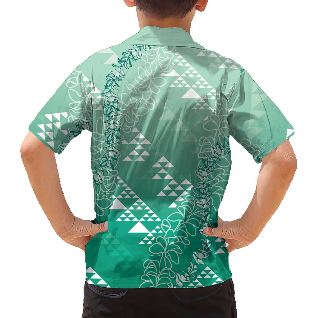 Hawaii Jade Green Kapa Kid Hawaiian Shirt Vintage 'Ohe Kāpala Motifs Mix Plumeria Leis