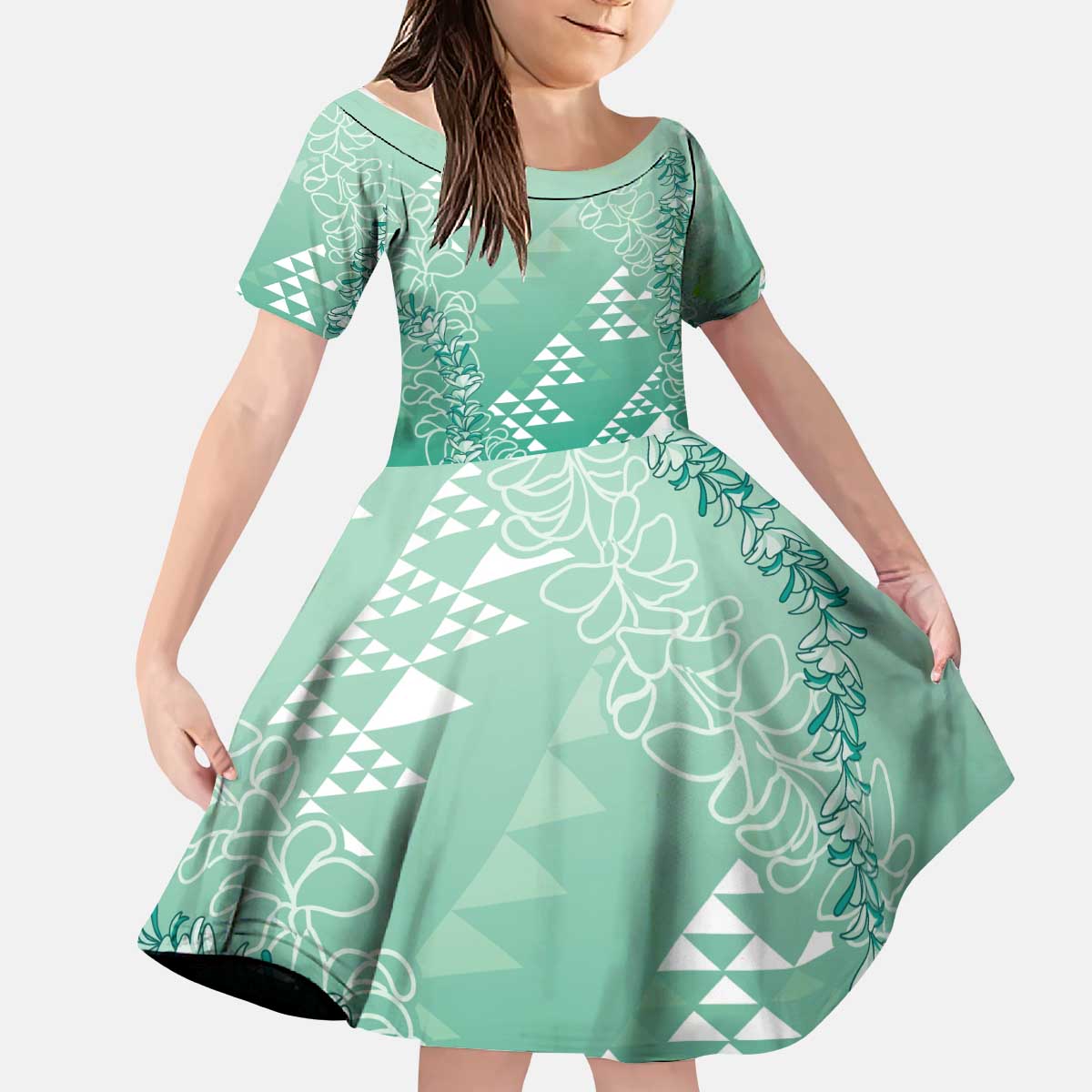 Hawaii Jade Green Kapa Kid Short Sleeve Dress Vintage 'Ohe Kāpala Motifs Mix Plumeria Leis