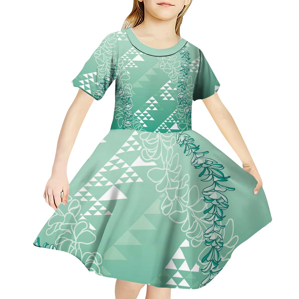 Hawaii Jade Green Kapa Kid Short Sleeve Dress Vintage 'Ohe Kāpala Motifs Mix Plumeria Leis