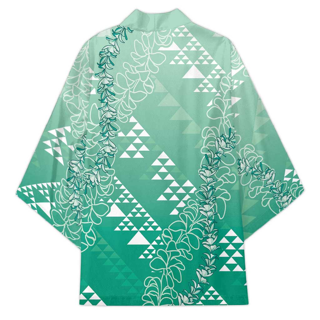 Hawaii Jade Green Kapa Kimono Vintage 'Ohe Kāpala Motifs Mix Plumeria Leis