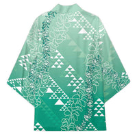 Hawaii Jade Green Kapa Kimono Vintage 'Ohe Kāpala Motifs Mix Plumeria Leis