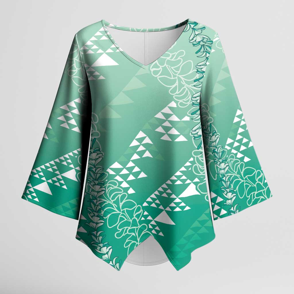 Hawaii Jade Green Kapa Kimono Sleeve Blouse Vintage 'Ohe Kāpala Motifs Mix Plumeria Leis
