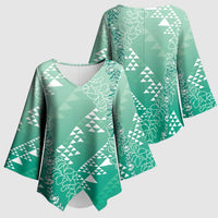 Hawaii Jade Green Kapa Kimono Sleeve Blouse Vintage 'Ohe Kāpala Motifs Mix Plumeria Leis