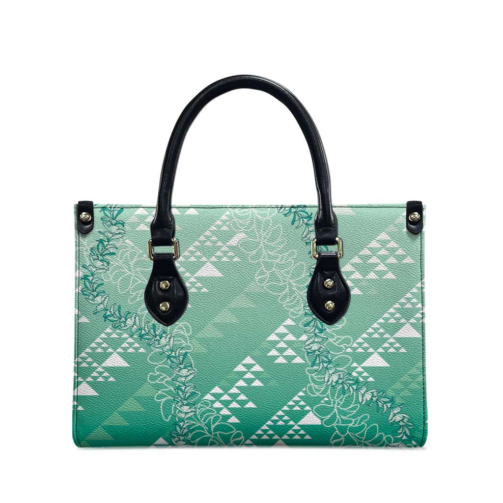 Hawaii Jade Green Kapa Leather Bag Vintage 'Ohe Kāpala Motifs Mix Plumeria Leis LT7 - Polynesian Pride