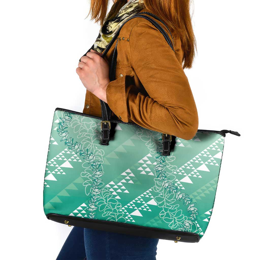 Hawaii Jade Green Kapa Leather Tote Bag Vintage 'Ohe Kāpala Motifs Mix Plumeria Leis