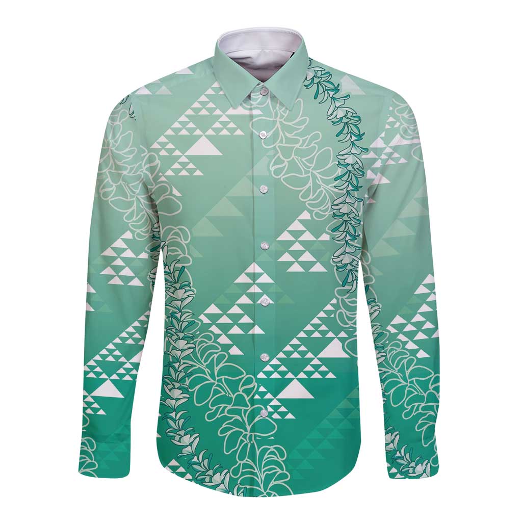 Hawaii Jade Green Kapa Long Sleeve Button Shirt Vintage 'Ohe Kāpala Motifs Mix Plumeria Leis