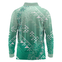 Hawaii Jade Green Kapa Long Sleeve Polo Shirt Vintage 'Ohe Kāpala Motifs Mix Plumeria Leis LT7 - Polynesian Pride