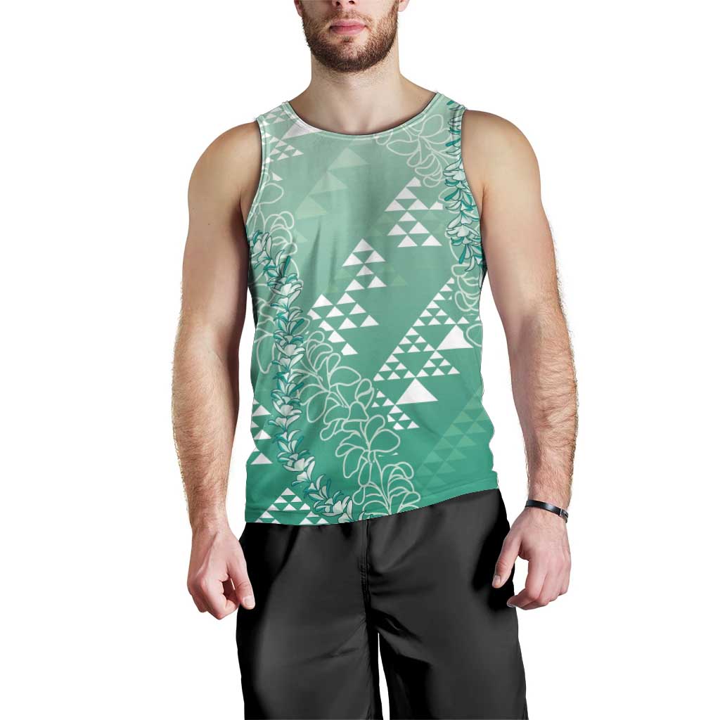 Hawaii Jade Green Kapa Men Tank Top Vintage 'Ohe Kāpala Motifs Mix Plumeria Leis