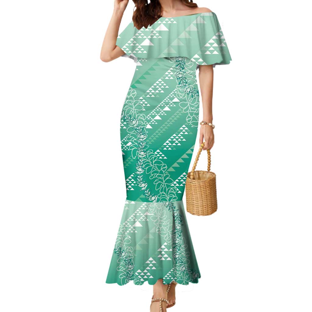 Hawaii Jade Green Kapa Mermaid Dress Vintage 'Ohe Kāpala Motifs Mix Plumeria Leis LT7 Women Jade Green - Polynesian Pride