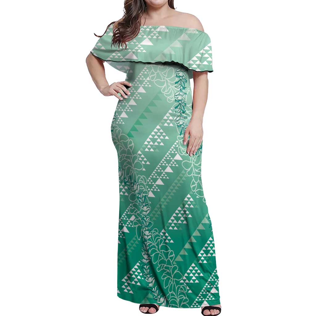 Hawaii Jade Green Kapa Off Shoulder Maxi Dress Vintage 'Ohe Kāpala Motifs Mix Plumeria Leis
