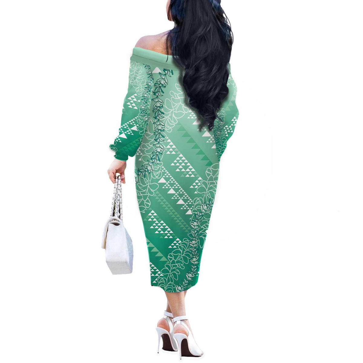 Hawaii Jade Green Kapa Off The Shoulder Long Sleeve Dress Vintage 'Ohe Kāpala Motifs Mix Plumeria Leis LT7 - Polynesian Pride