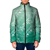 Hawaii Jade Green Kapa Padded Jacket Vintage 'Ohe Kāpala Motifs Mix Plumeria Leis