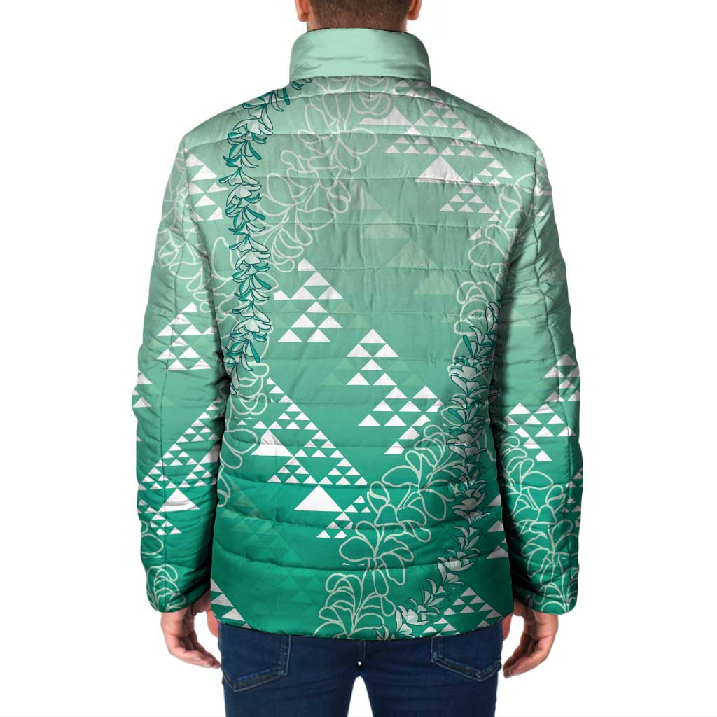 Hawaii Jade Green Kapa Padded Jacket Vintage 'Ohe Kāpala Motifs Mix Plumeria Leis