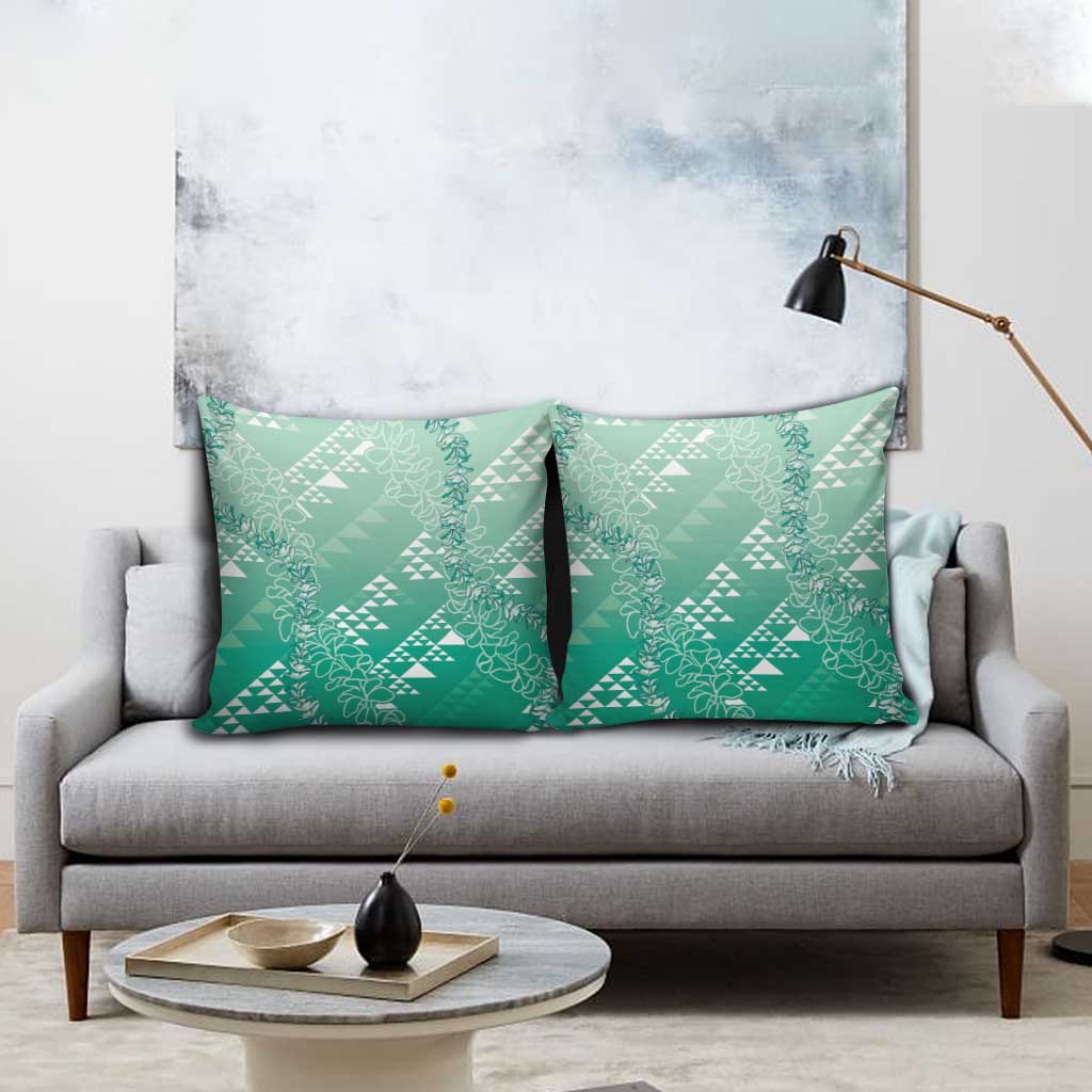 Hawaii Jade Green Kapa Pillow Cover Vintage 'Ohe Kāpala Motifs Mix Plumeria Leis