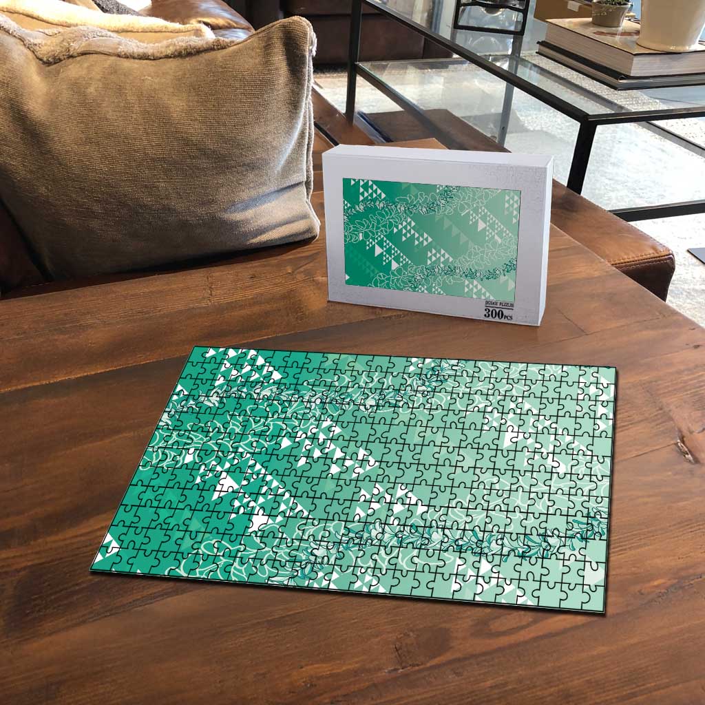 Hawaii Jade Green Kapa Puzzle Vintage 'Ohe Kāpala Motifs Mix Plumeria Leis