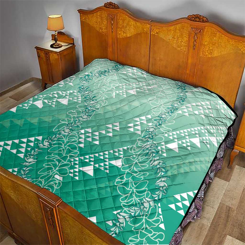 Hawaii Jade Green Kapa Quilt Vintage 'Ohe Kāpala Motifs Mix Plumeria Leis
