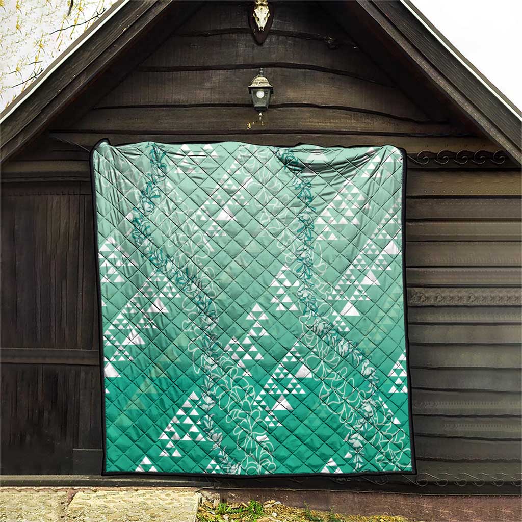 Hawaii Jade Green Kapa Quilt Vintage 'Ohe Kāpala Motifs Mix Plumeria Leis