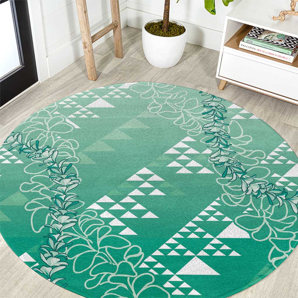 Hawaii Jade Green Kapa Round Carpet Vintage 'Ohe Kāpala Motifs Mix Plumeria Leis