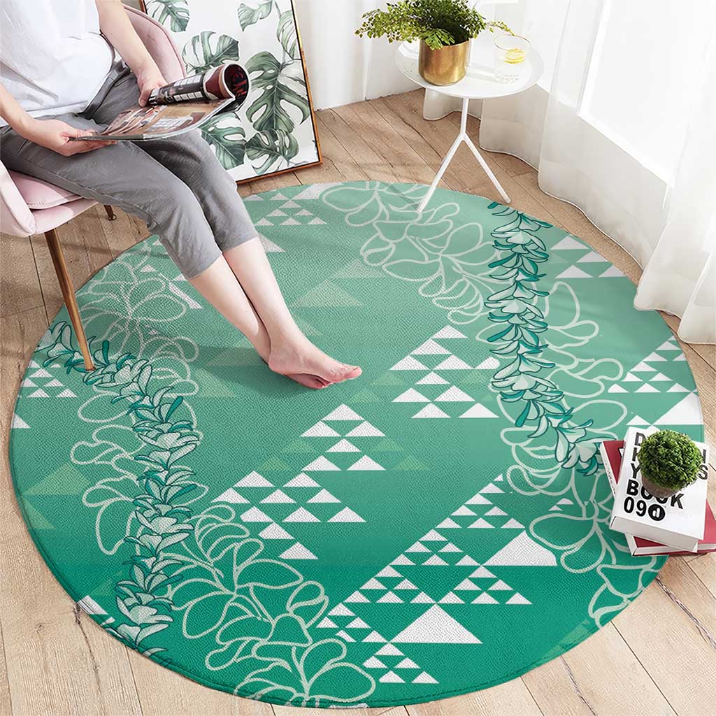 Hawaii Jade Green Kapa Round Carpet Vintage 'Ohe Kāpala Motifs Mix Plumeria Leis