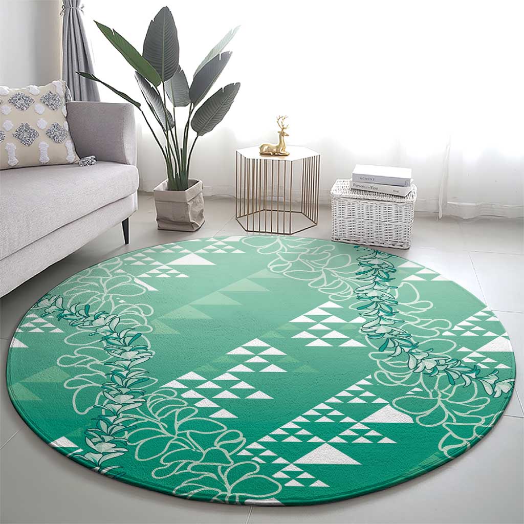 Hawaii Jade Green Kapa Round Carpet Vintage 'Ohe Kāpala Motifs Mix Plumeria Leis