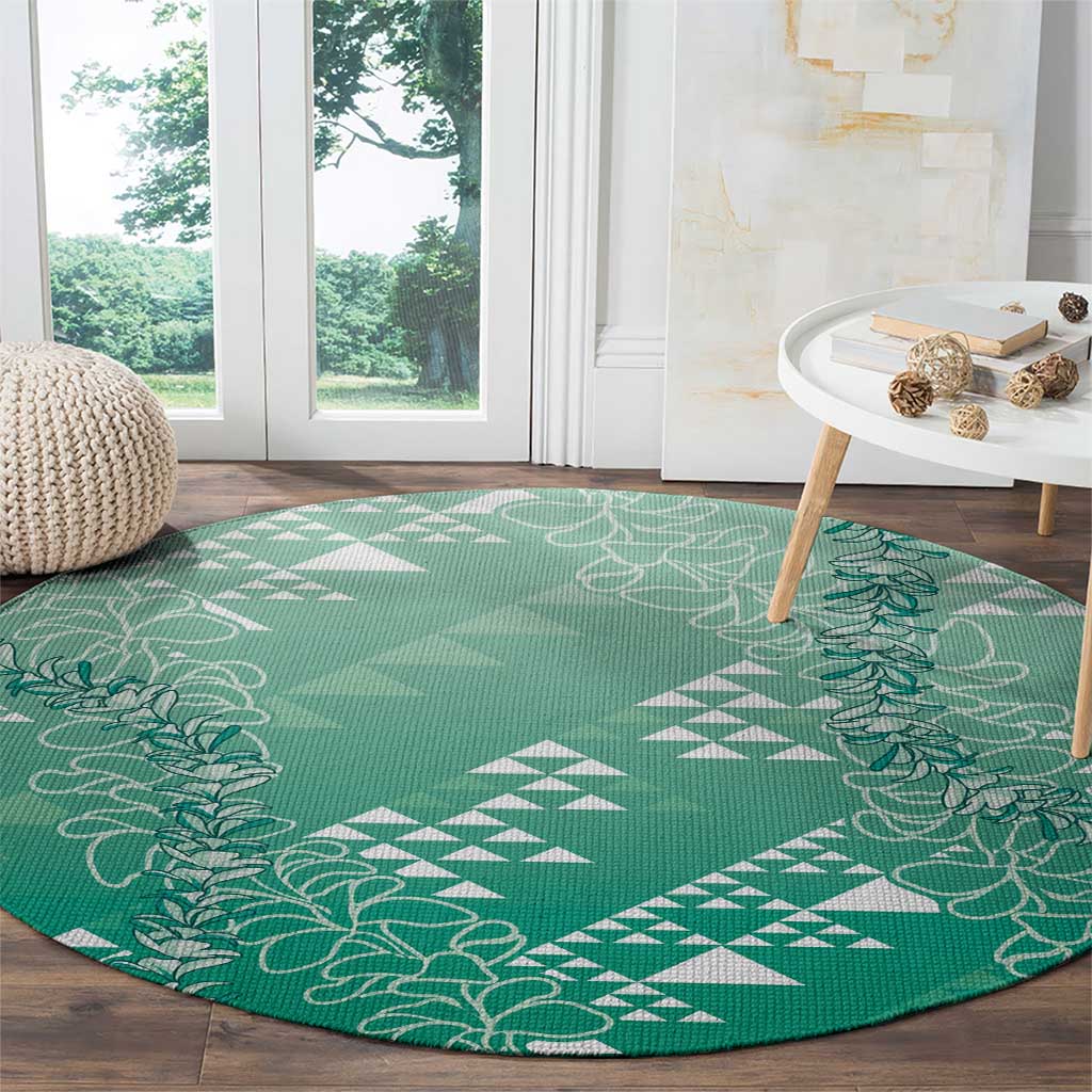 Hawaii Jade Green Kapa Round Carpet Vintage 'Ohe Kāpala Motifs Mix Plumeria Leis