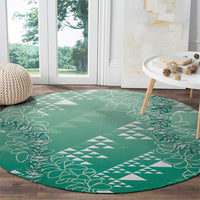 Hawaii Jade Green Kapa Round Carpet Vintage 'Ohe Kāpala Motifs Mix Plumeria Leis
