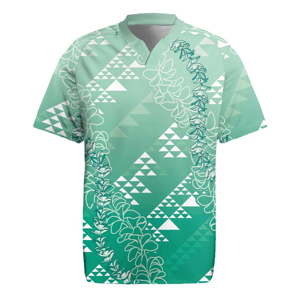 Hawaii Jade Green Kapa Rugby Jersey Vintage 'Ohe Kāpala Motifs Mix Plumeria Leis
