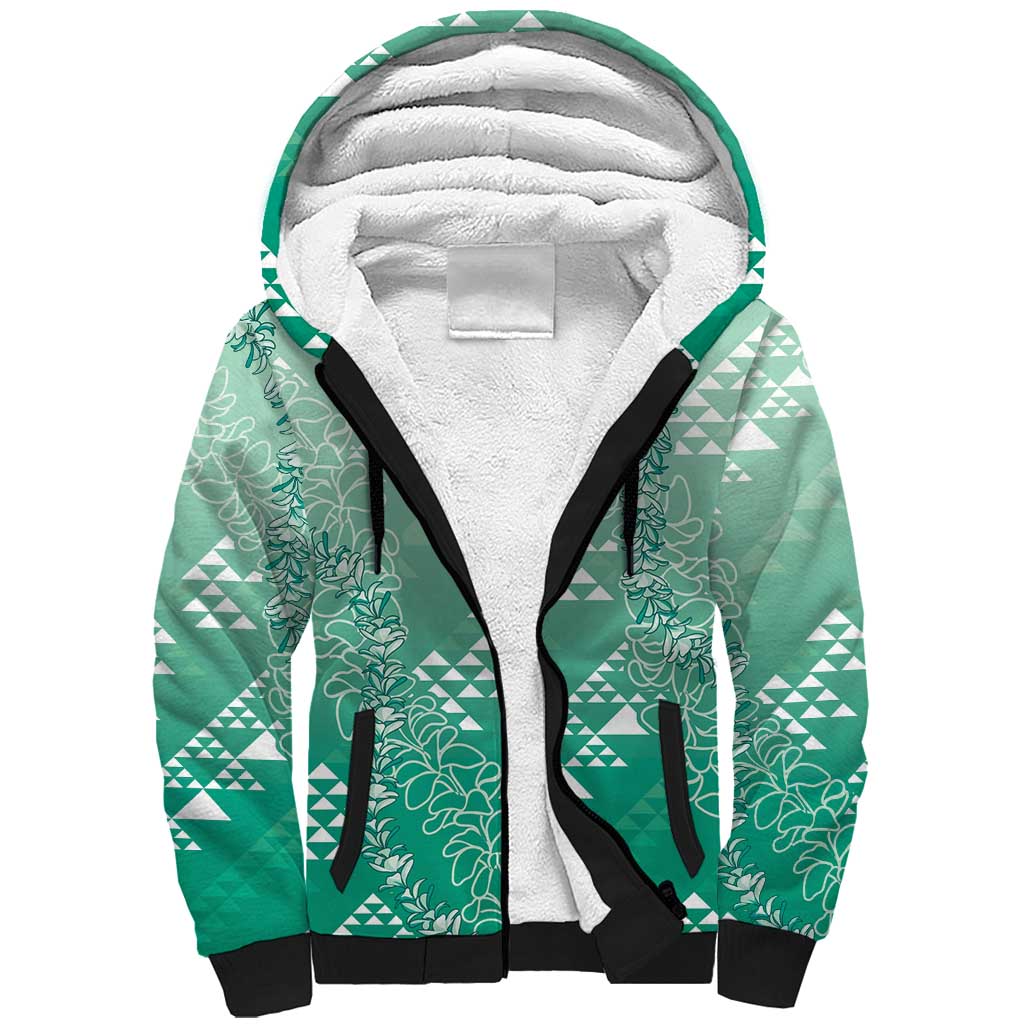 Hawaii Jade Green Kapa Sherpa Hoodie Vintage 'Ohe Kāpala Motifs Mix Plumeria Leis LT7 Unisex Jade Green - Polynesian Pride
