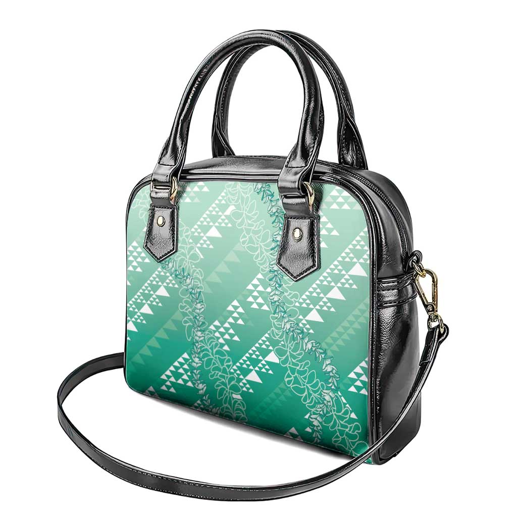 Hawaii Jade Green Kapa Shoulder Handbag Vintage 'Ohe Kāpala Motifs Mix Plumeria Leis