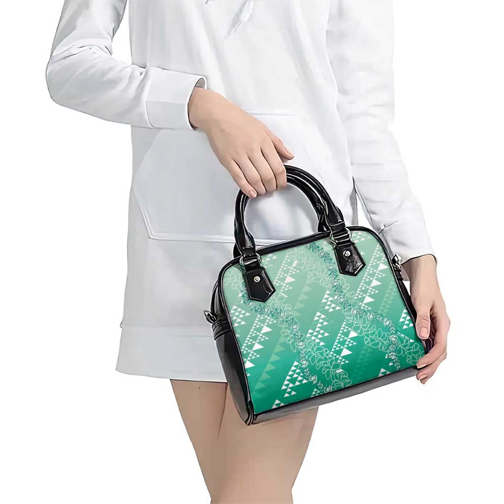 Hawaii Jade Green Kapa Shoulder Handbag Vintage 'Ohe Kāpala Motifs Mix Plumeria Leis