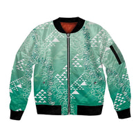 Hawaii Jade Green Kapa Sleeve Zip Bomber Jacket Vintage 'Ohe Kāpala Motifs Mix Plumeria Leis