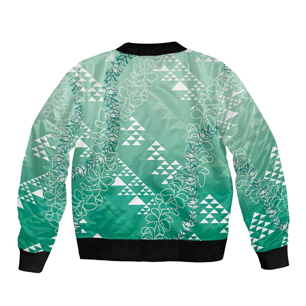 Hawaii Jade Green Kapa Sleeve Zip Bomber Jacket Vintage 'Ohe Kāpala Motifs Mix Plumeria Leis