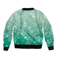Hawaii Jade Green Kapa Sleeve Zip Bomber Jacket Vintage 'Ohe Kāpala Motifs Mix Plumeria Leis