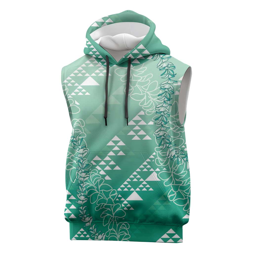 Hawaii Jade Green Kapa Sleeveless Hoodie Vintage 'Ohe Kāpala Motifs Mix Plumeria Leis LT7 Jade Green - Polynesian Pride