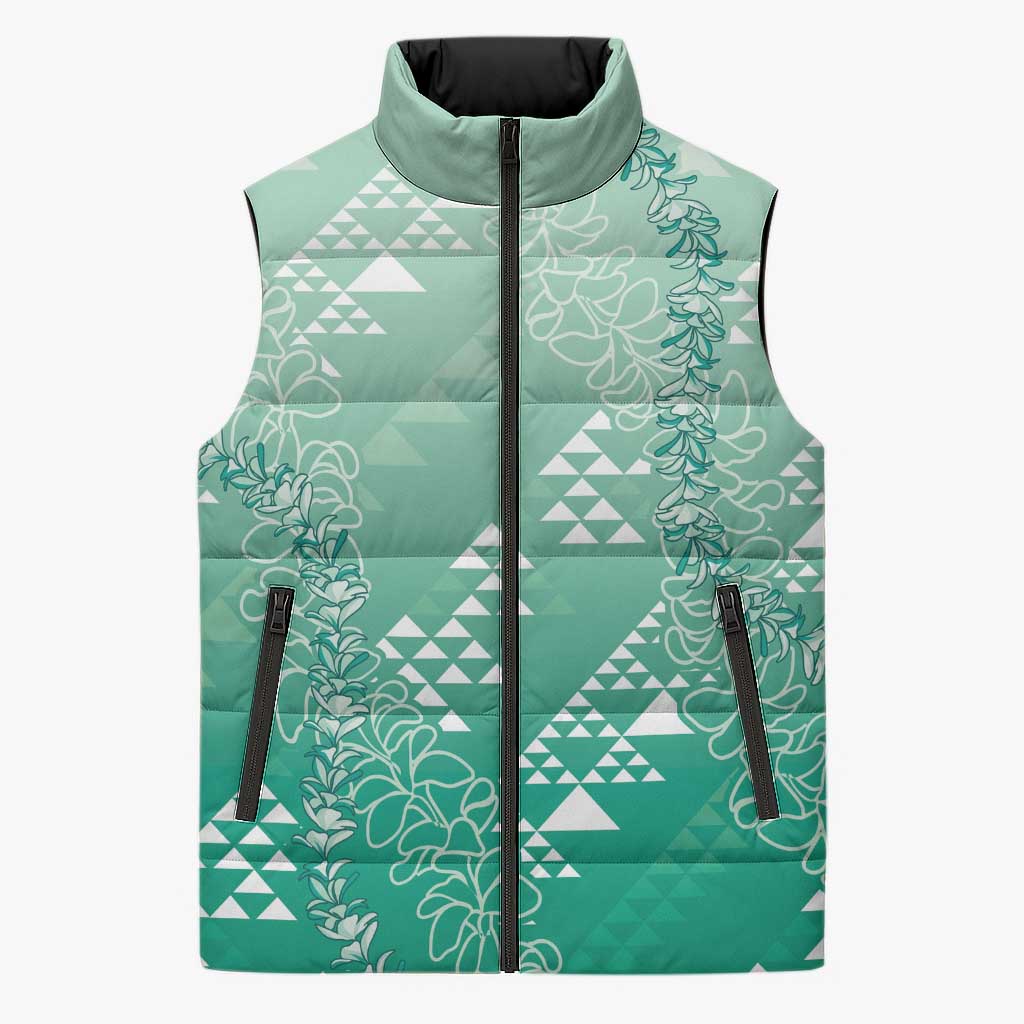 Hawaii Jade Green Kapa Sleeveless Puffer Jacket Vintage 'Ohe Kāpala Motifs Mix Plumeria Leis