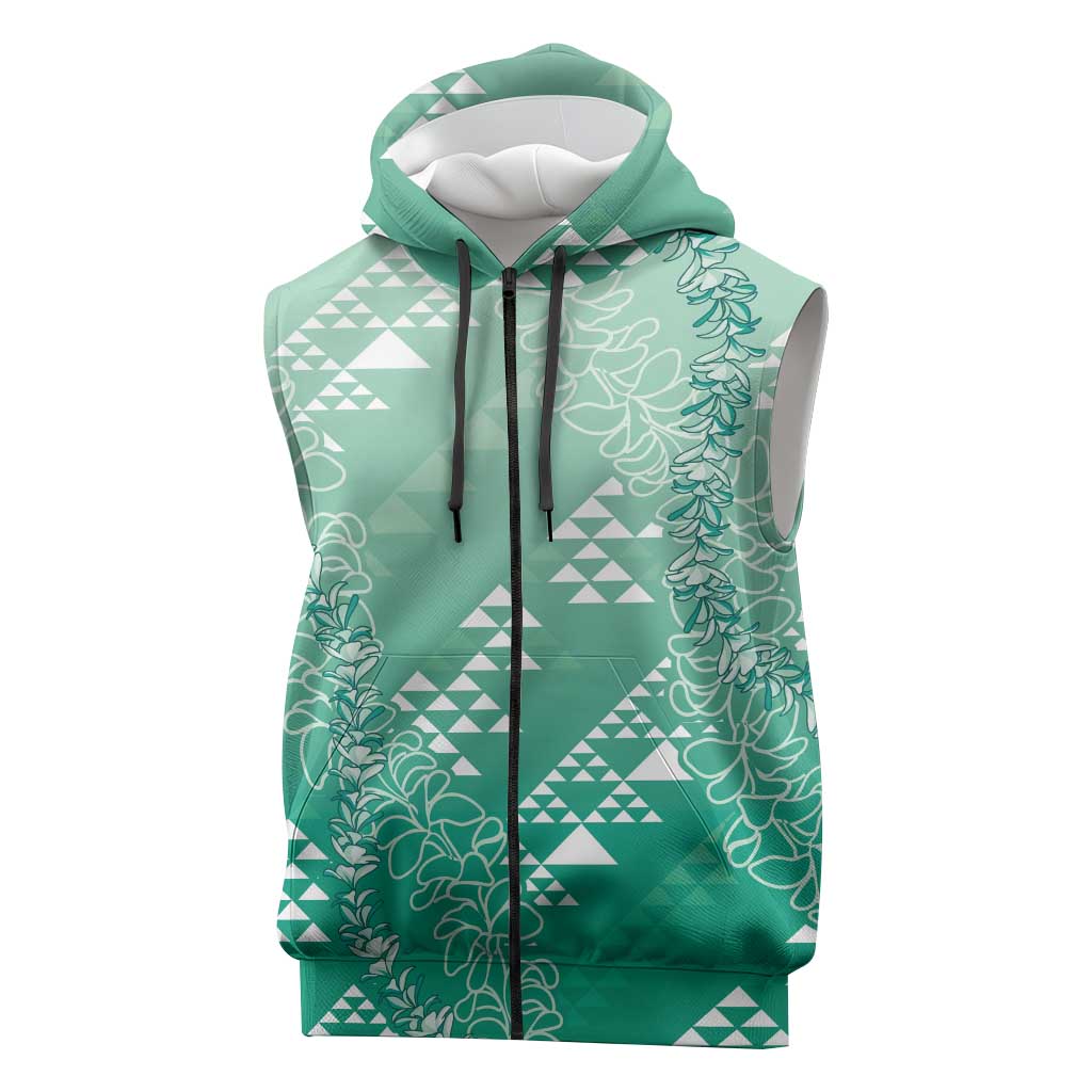 Hawaii Jade Green Kapa Sleeveless Zip Hoodie Vintage 'Ohe Kāpala Motifs Mix Plumeria Leis LT7 Jade Green - Polynesian Pride