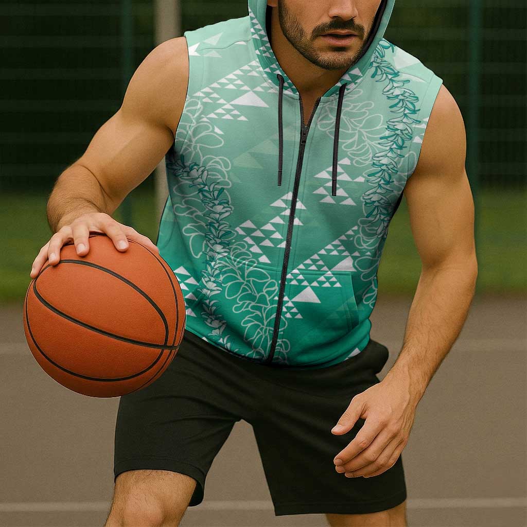 Hawaii Jade Green Kapa Sleeveless Zip Hoodie Vintage 'Ohe Kāpala Motifs Mix Plumeria Leis LT7 - Polynesian Pride