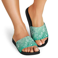 Hawaii Jade Green Kapa Slide Sandals Vintage 'Ohe Kāpala Motifs Mix Plumeria Leis